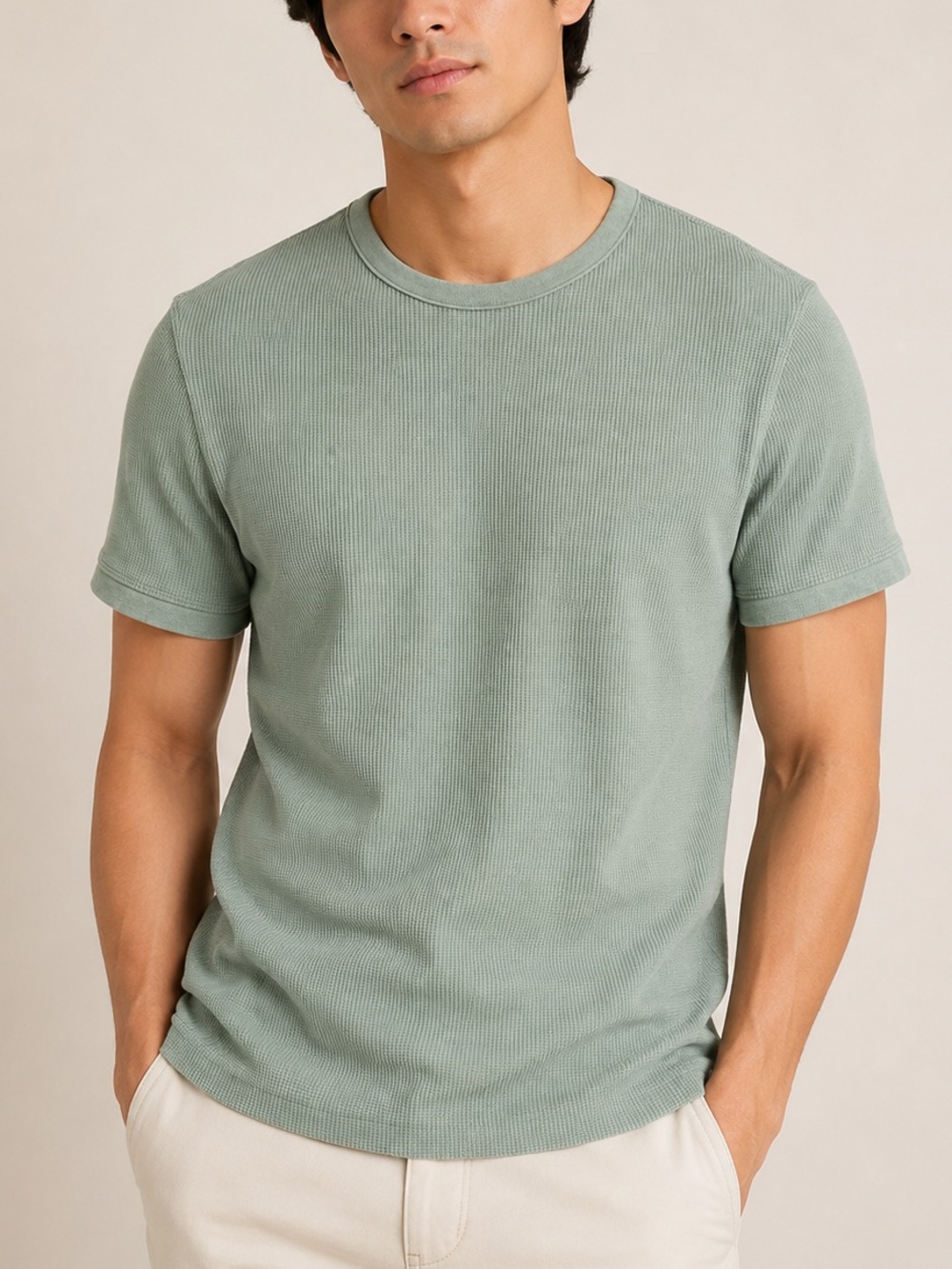Bershka Waffle Knit Tee XS Sage Green Textured Stretch Casual T-Shirt
